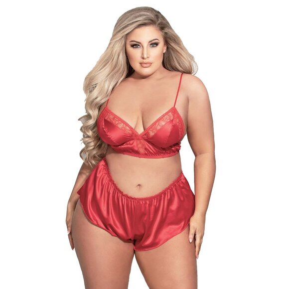 Plus Satin Pajama Set Womens Size 1x 2x Red Bralette Longline Bra - Picture 3 of 11